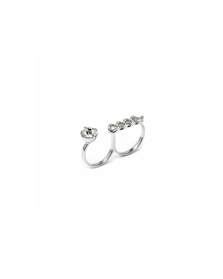 Double Finger Ring w/ Crystal & Chain - Rhodium/Crystal