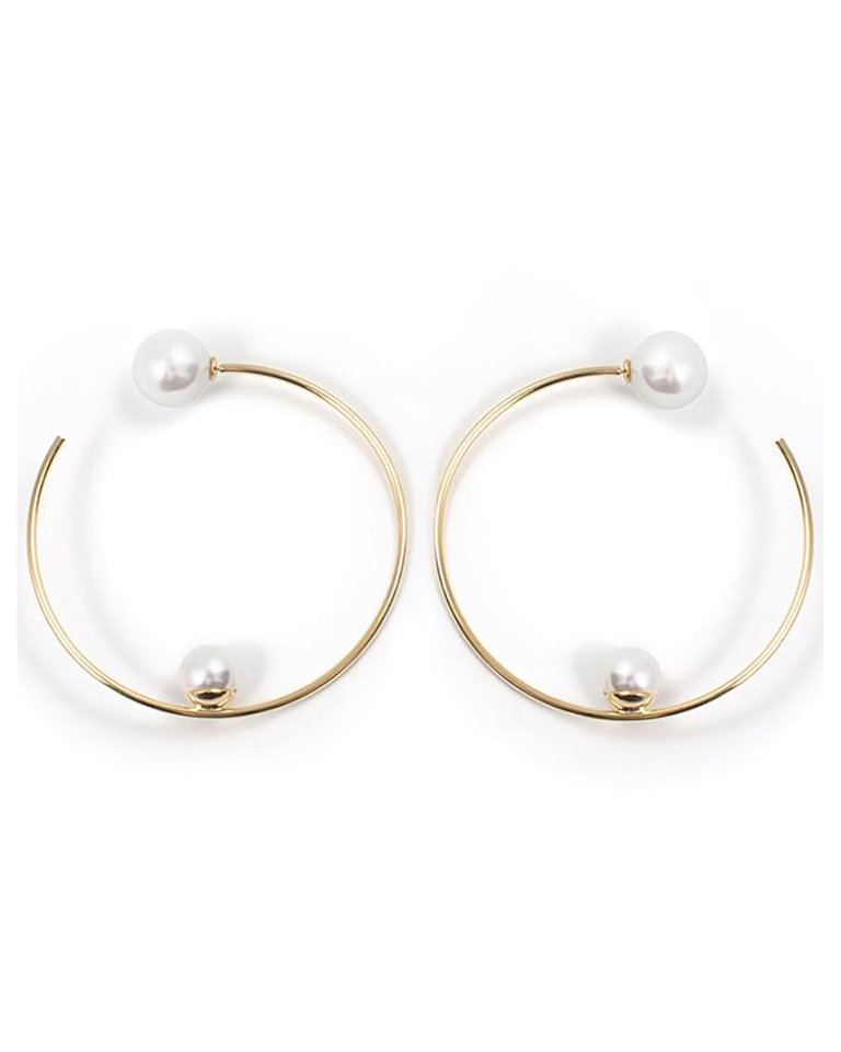 Large Hoop Earrings w/ Affixed Pearls & Pearl Backs - Gold/White