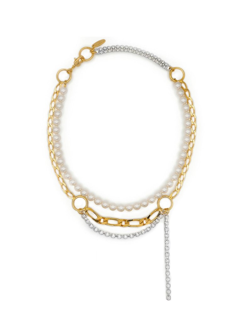 Pearl, Chain, Hoop & Crystal Necklace - Gold/Rhodium/Crystal