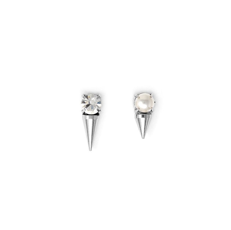 Pearl & Crystal Stud Earrings w/ Spikes - Rhodium/Crystal/White