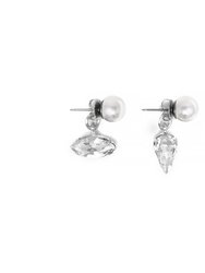 Pearl Stud Earrings w/ Crystal Ear Decos - Rhodium/Crystal/White
