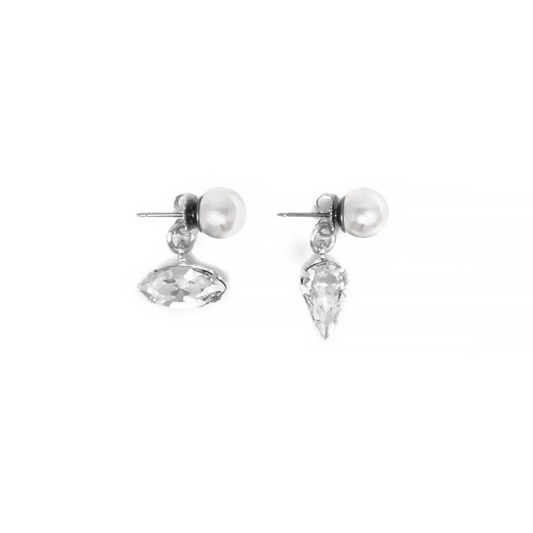 Pearl Stud Earrings w/ Crystal Ear Decos - Rhodium/Crystal/White