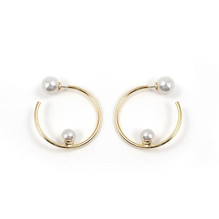 Small Hoop Earrings w/ Affixed Pearls & Pearl Backs - Gold/White