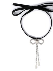 Velvet Choker w/ Long Crystal Bow & Pearls - Rhodium/Crystal/White