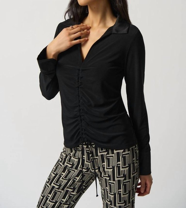 Knit And Satin Ruched Top - Black