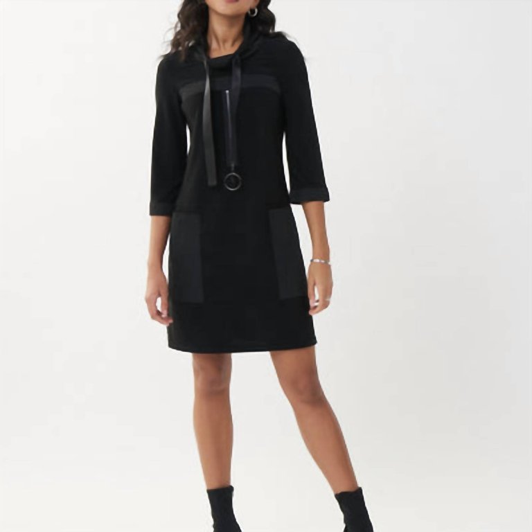 Leatherette Trim Dress - Black