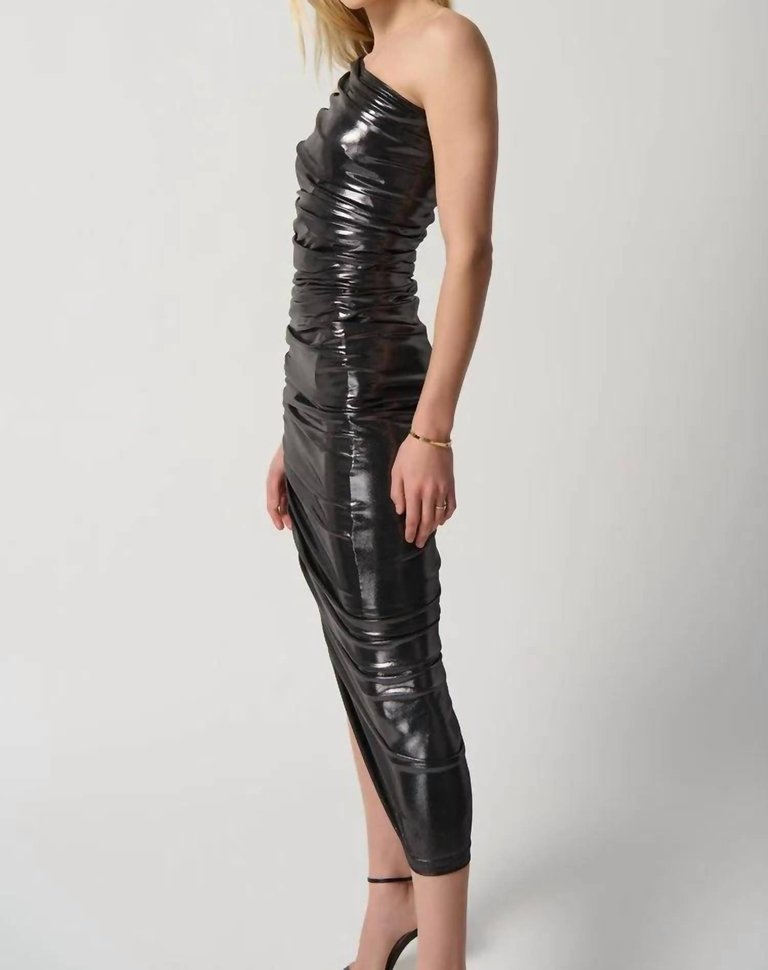 One Shoulder Shirred Metallic Dress