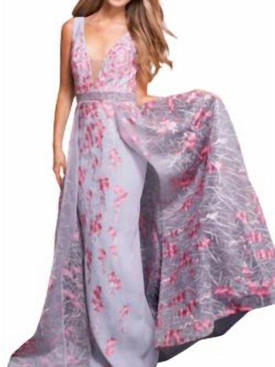 JOVANI Embroidered Floral Gown In Grey/pink product