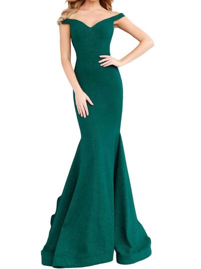JOVANI Sparkle Gown With Off Shoulder Long Train In Green product