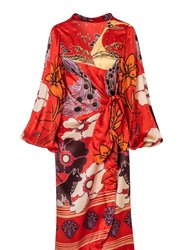 Hojarasca Silk Midi Tunic Dress - Red Moonlight Garden