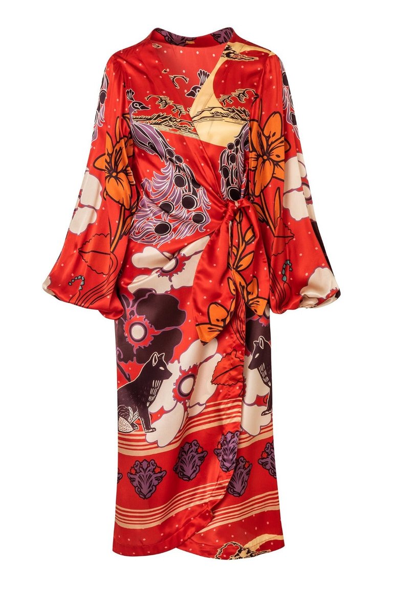 Hojarasca Silk Midi Tunic Dress - Red Moonlight Garden