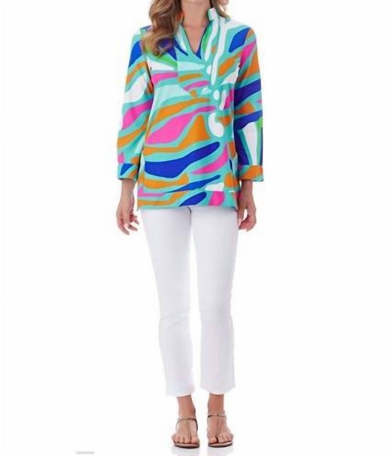 Chris Tunic Top In Ocean Abstract Aqua - Ocean Abstract Aqua