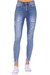 Button Fly Destroyed High Waist Skinny Jean - Medium Blue