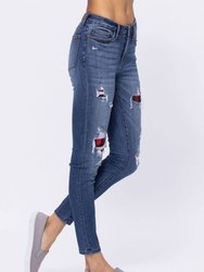 Destroyed Buffalo Plaid Patch Skinny Jean