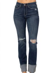 Destroyed Cuffed Straight Leg Jeans - Blue