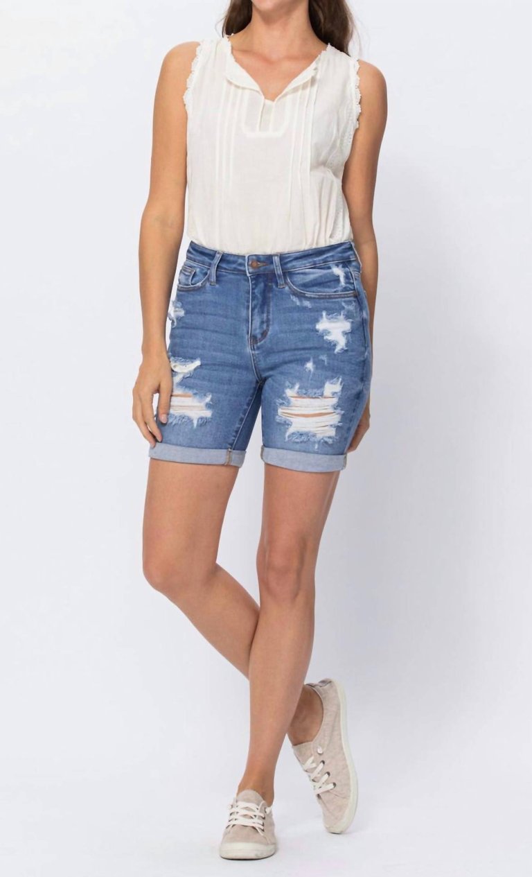 Distressed Bermuda Denim Shorts In Medium Wash - Medium Wash