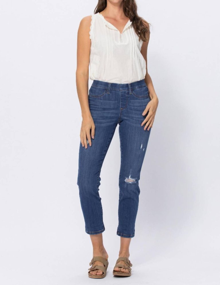 Distressed Boyfriend Pull-On Jeans In Blue - Blue