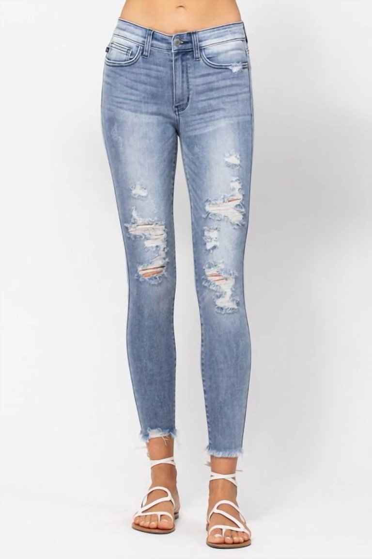 Distressed Denim Skinny Jeans In Washed Blue - Washed Blue