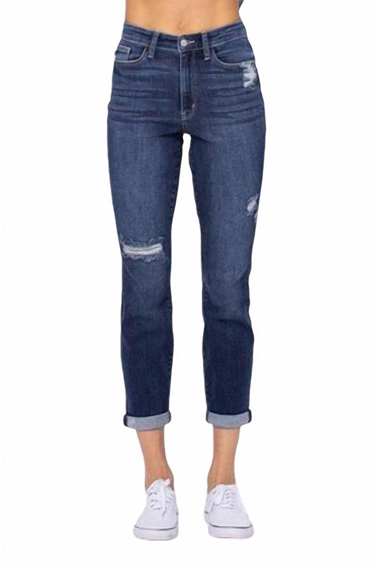 Hi Rise Cuffed Boyfriend Jeans In Medium Wash - Medium Wash