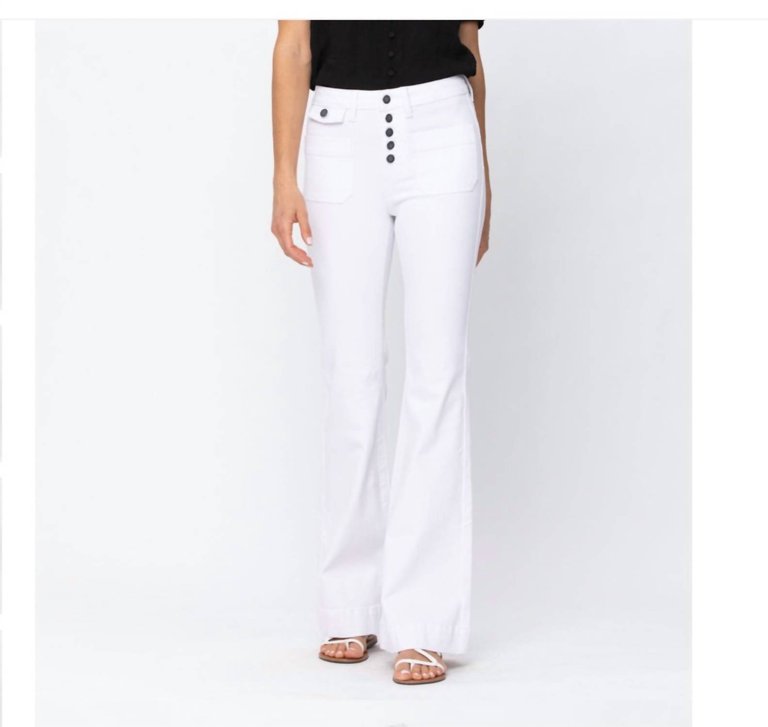 High Rise Button Fly Flare Pants In White - White