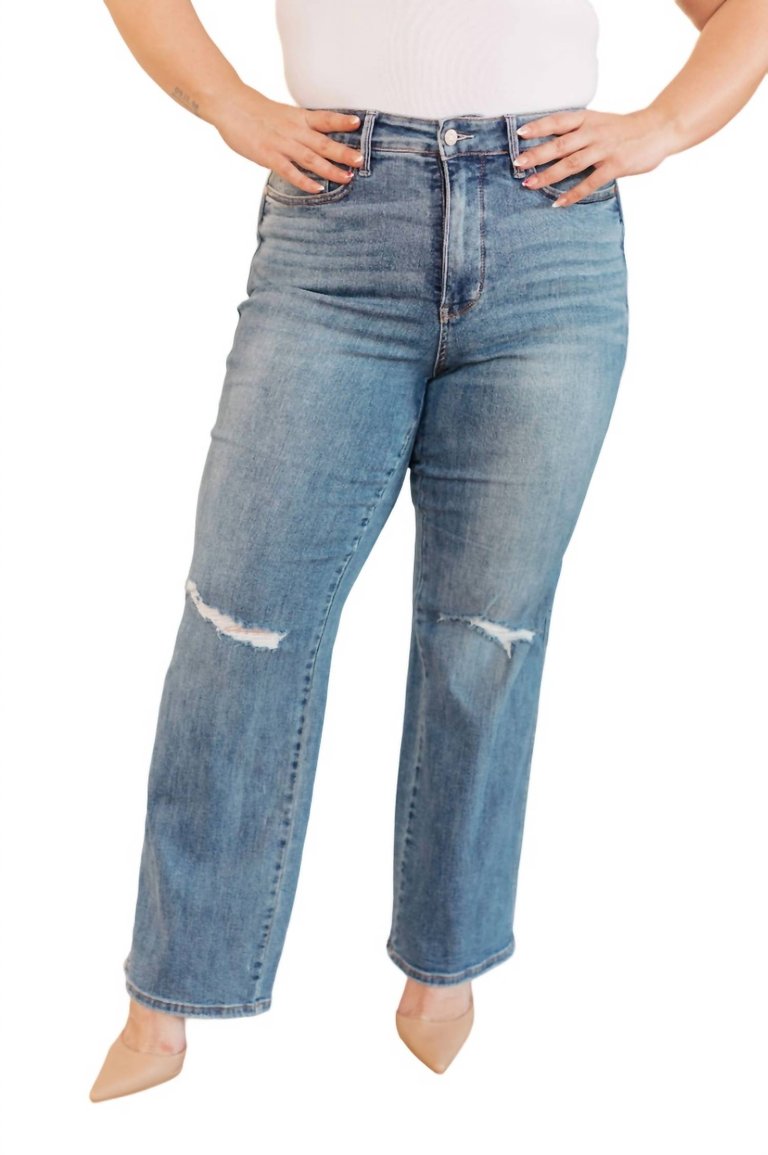 High Rise Control Top Distressed Straight Jeans In Medium Wash - Medium Wash