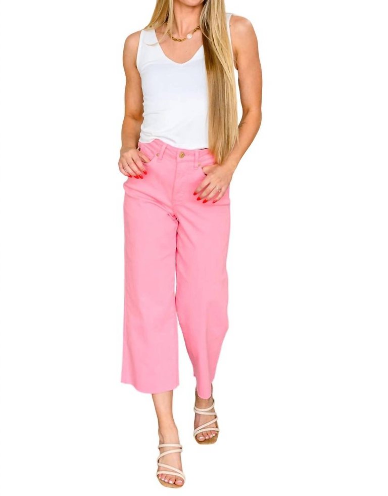 High Rise Control Top Wide Leg Crop Jeans In Pink - Pink