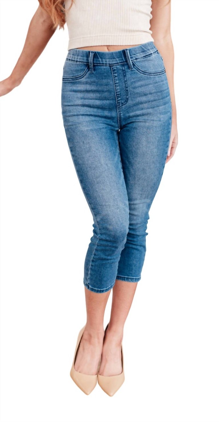 High Rise Cool Denim Pull On Capri Jeans In Medium Wash - Medium Wash