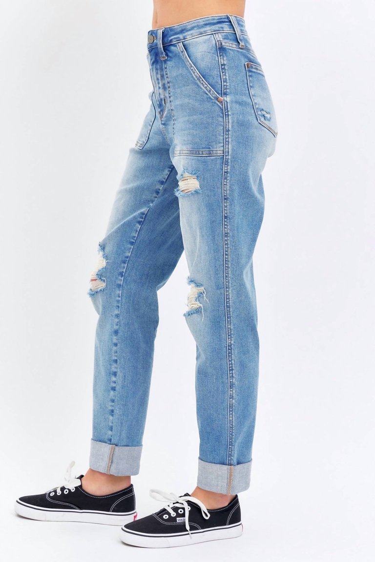 High Rise Patch Pocket Destroyed Boyfriend Jean In Medium Wash