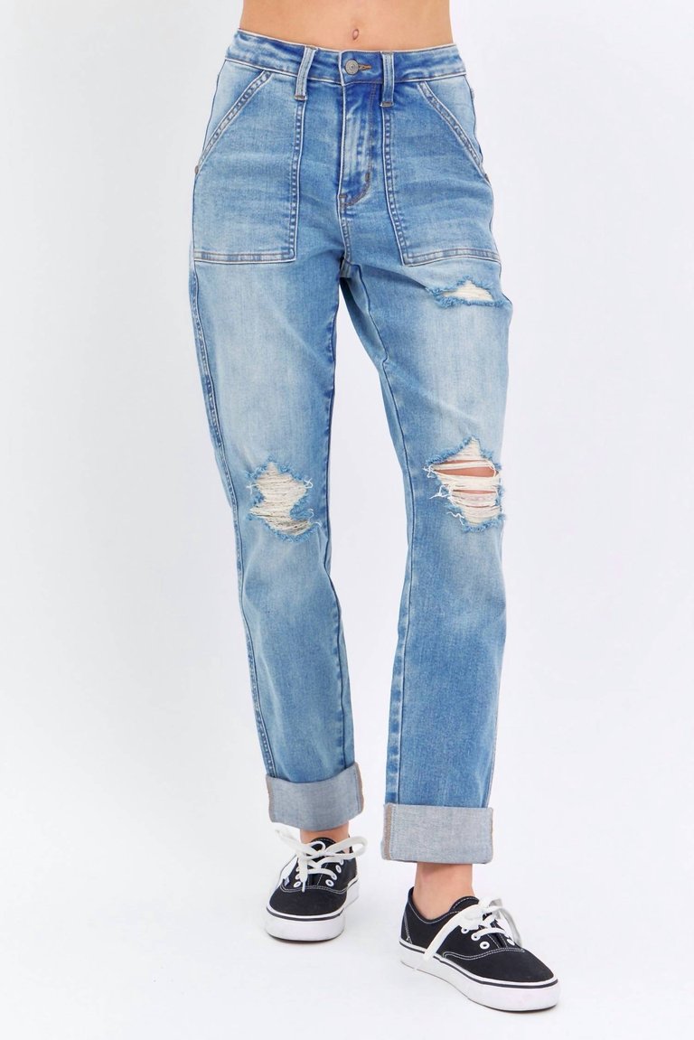 High Rise Patch Pocket Destroyed Boyfriend Jean In Medium Wash - Medium Wash