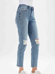 High Rise Rhinestone Embellished Jeans