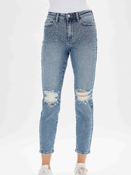 High Rise Rhinestone Embellished Jeans - Vintage Washed Blue