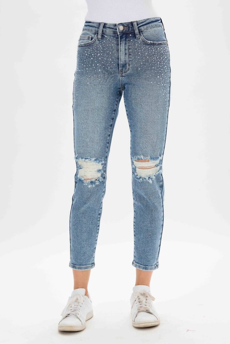 High Rise Rhinestone Embellished Jeans - Vintage Washed Blue