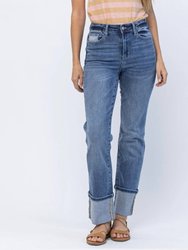 High Rise Straight Leg With Wide Cuff Jeans - Medium Wash