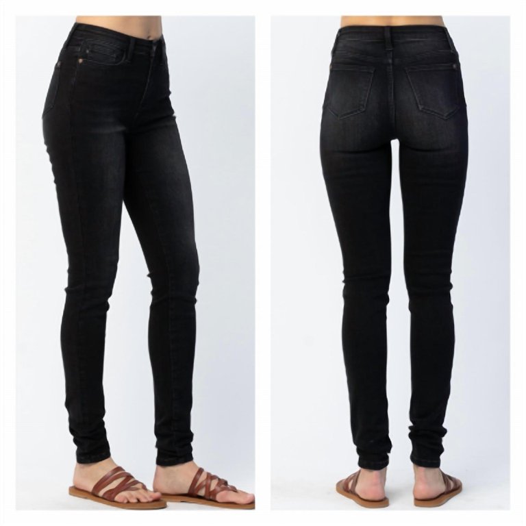 High Waist Uncuffed Skinny Jeans In Black - Black