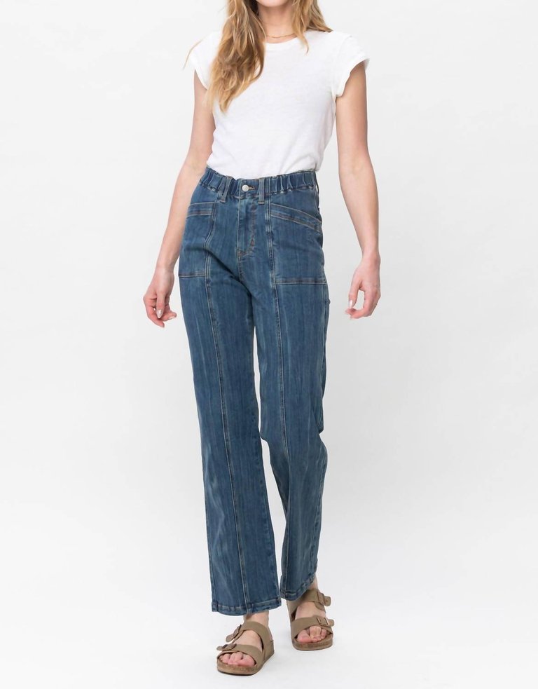 High Waist Vintage Elastic Waist Straight Jeans In Medium Wash - Medium Wash