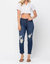 High Waist Zigzag Button Fly Boyfriend Jeans In Blue - Blue