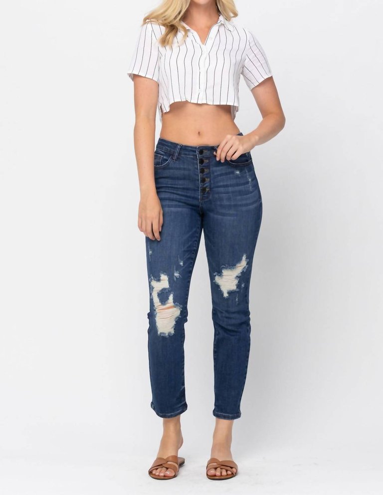 High Waist Zigzag Button Fly Boyfriend Jeans In Blue - Blue