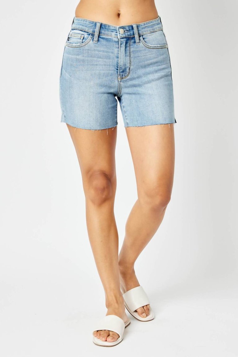 Mid Rise Cuff Off Shorts In Blue - Blue