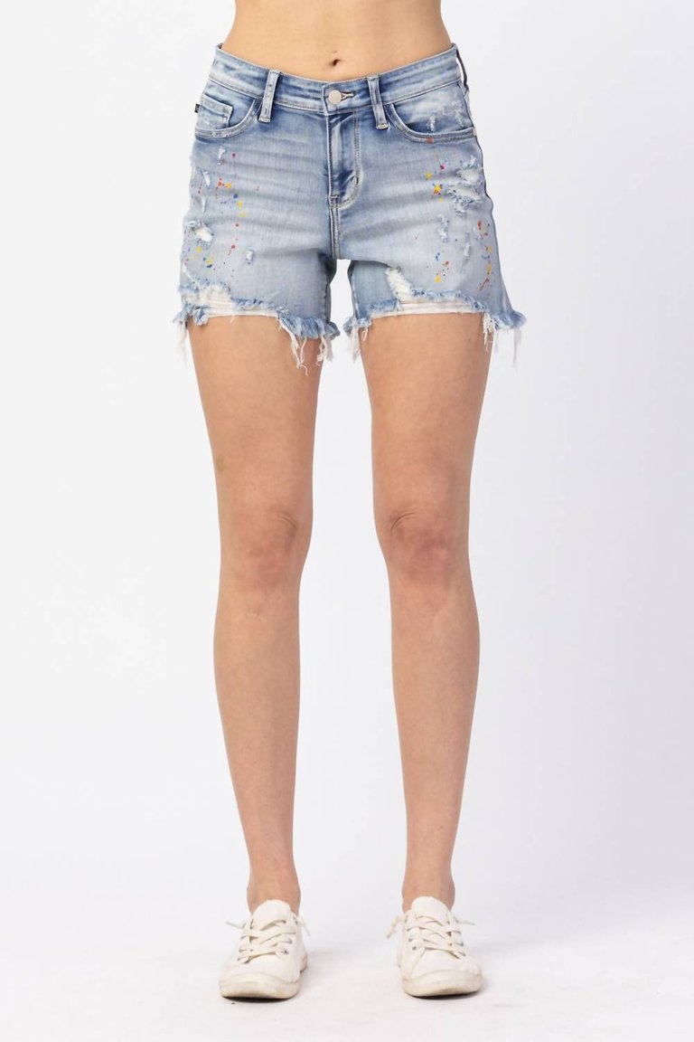 Paint Splatter Distressed Shorts In Light Blue - Light Blue