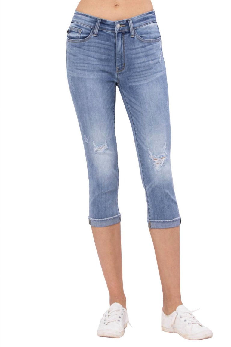 Raw Hem Mid-Rise Destroyed Skinny Capri - Light Wash