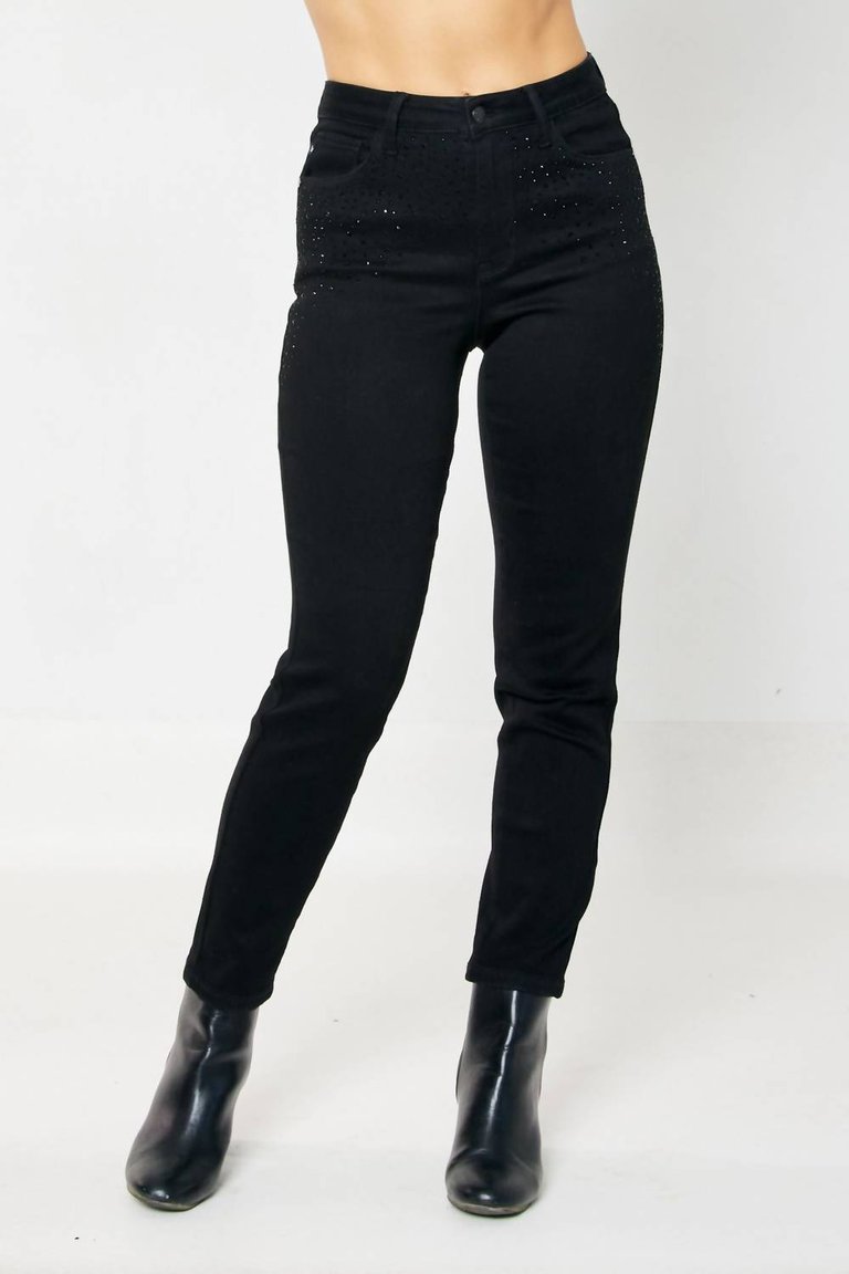 Rhinestone Embellished Slim Jeans In Black - Black