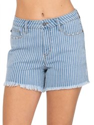 Striped Cut Off High Waist Shorts - Blue/White