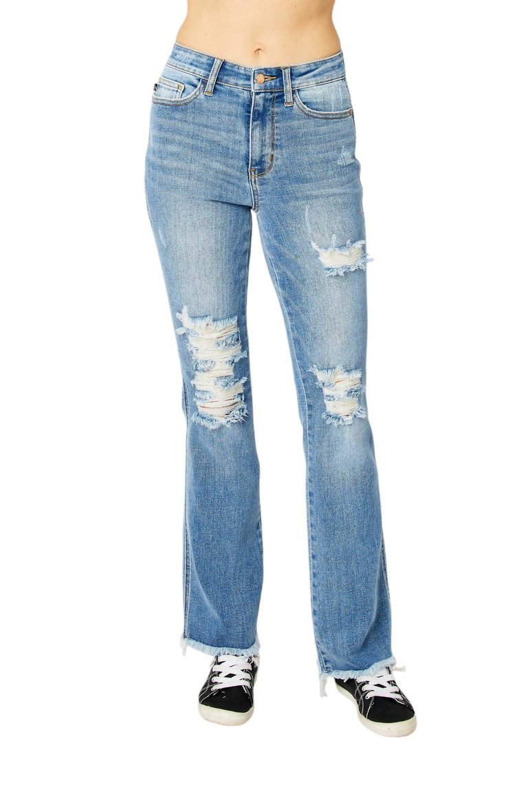 Women's Frayed Hem High Rise Bootcut Jeans In Blue - Blue