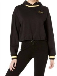 Fleece Hooded Cropped Cinched Pullover - Black
