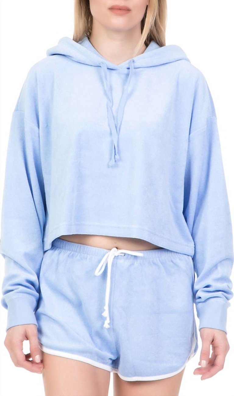 Terry Cropped Long Sleeve Hoodie - Light Blue