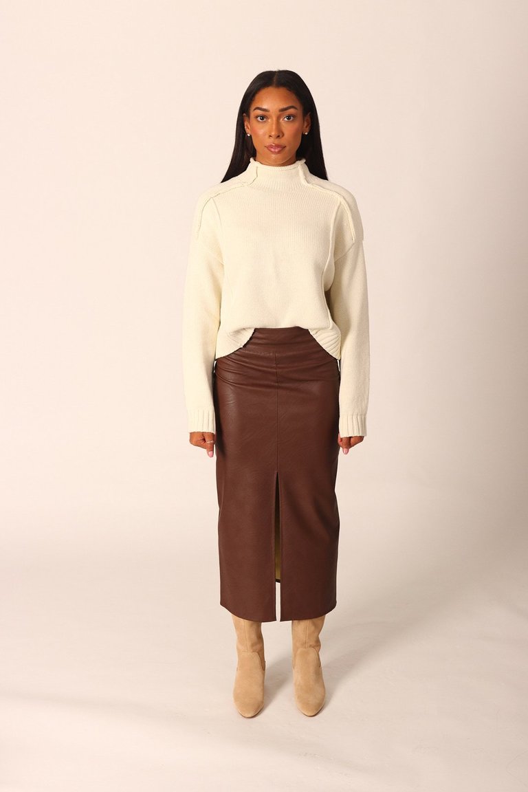 Vegan Leather Midi Skirt With Slit - Chocolate