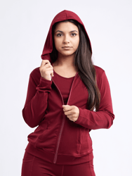 Athletic Fitted Zip-Up Hoodie Jacket with Pockets - Burgundy