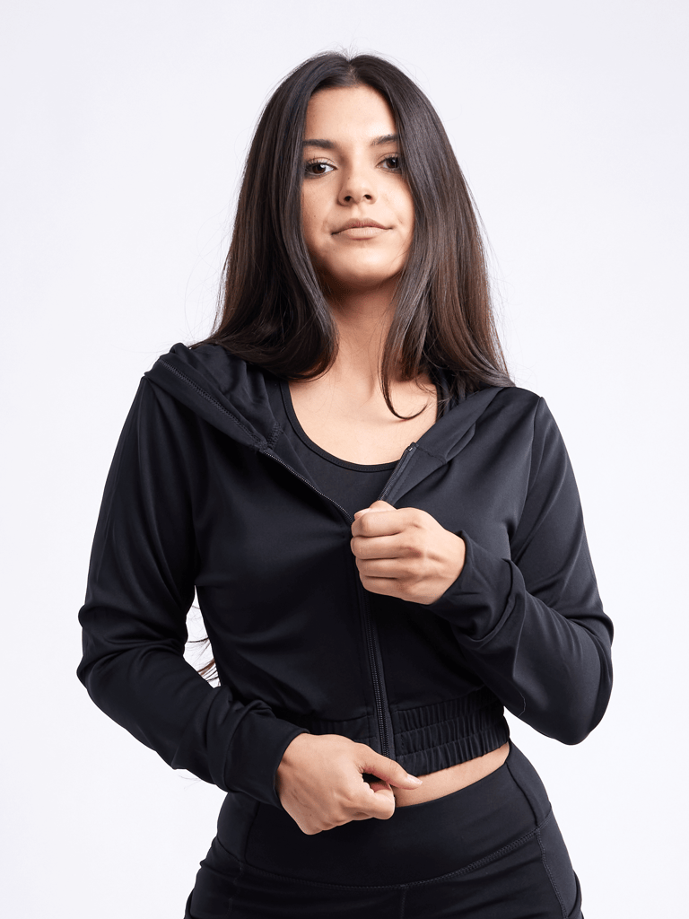 Athletic Zip-Up Crop Hoodie Jacket - Black