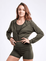 Athletic Zip-Up Crop Hoodie Jacket - Olive Green