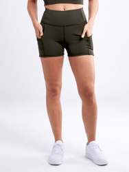High-Waisted Athletic Shorts with Side Pockets - Olive green